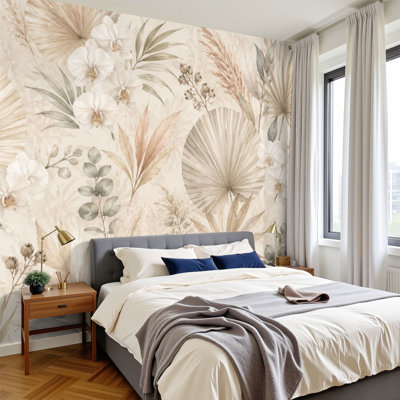Peel and Stick Wallpaper Beige Cream Tropical Floral Palm Leaf Wall Murals 100"H x 144"W Removable PVC Wall Paper Self-Adhesive Wall Decor for Bedroom Living Room Home Office