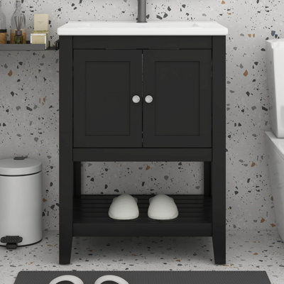 Meuble-lavabo 24 po avec lavabo, petit meuble-lavabo avec lavabo en céramique, meuble-lavabo avec 2 portes et 1 tablette ouverte