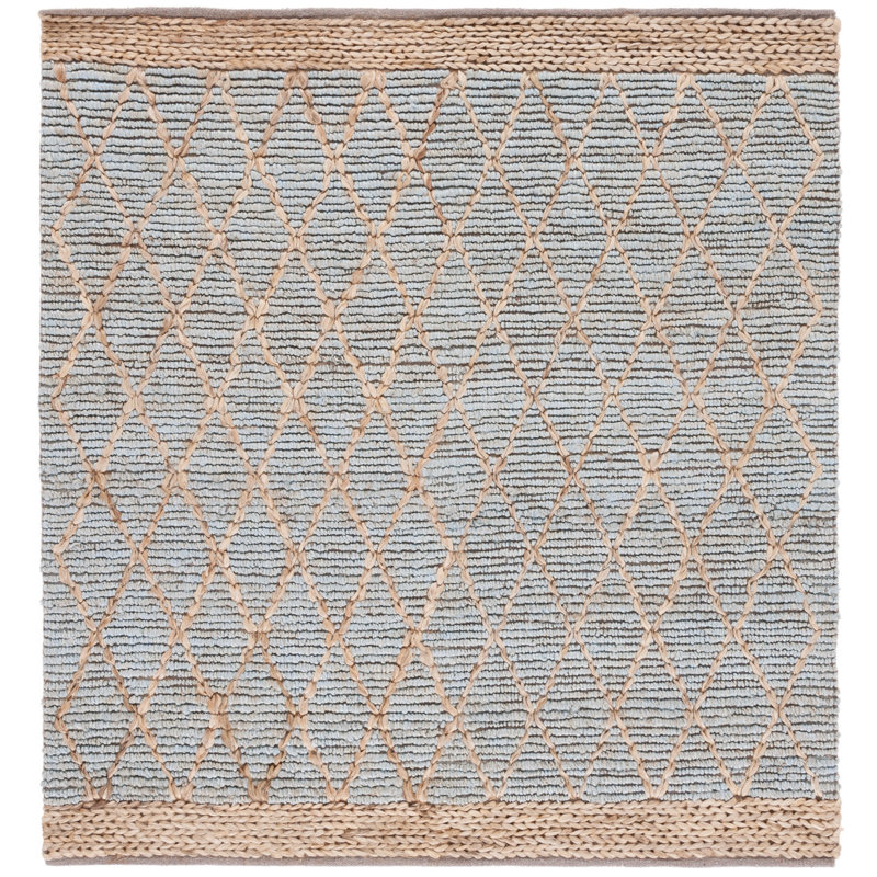 Alegria Natural Fiber Hand Loomed Jute/Cotton Geometric Rug in Light Blue/Brown, Square 6'