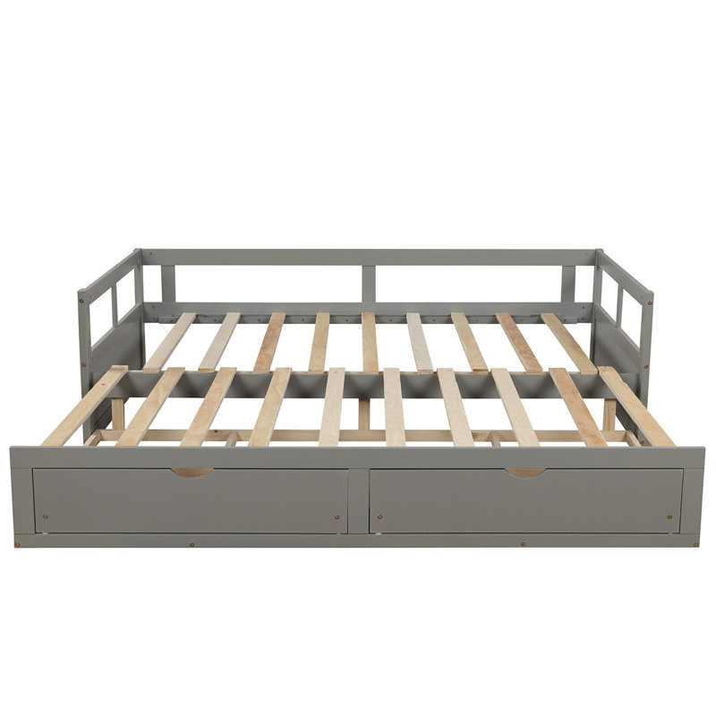 Wooden Daybed With Trundle Bed And Two Storage Drawers, Gray