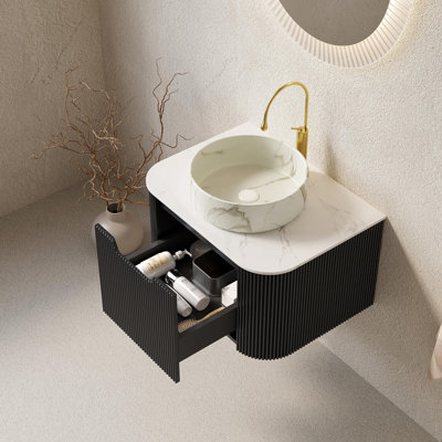 Pre-assembled floating curved-edge bathroom vanity