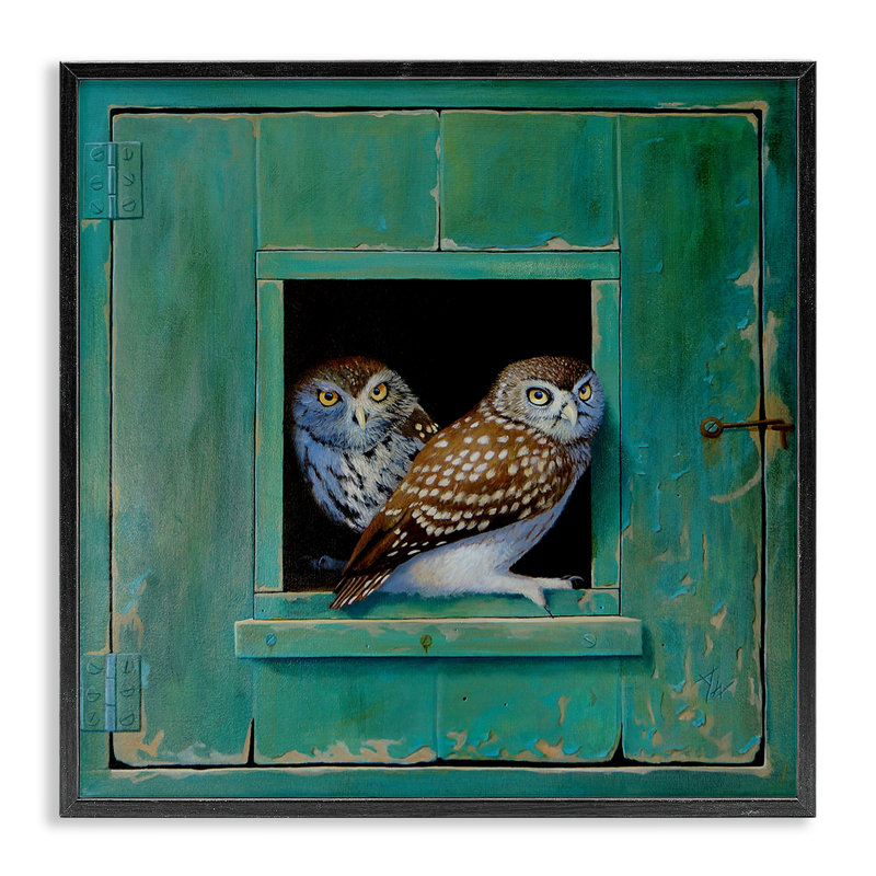 «Spots Owls», ensemble d'art texturé et giclée par Alan Weston, Giclée encadrée noir minuit, L 12 po x H 12 po