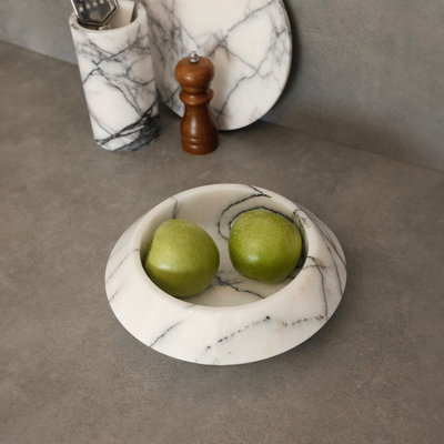 Élégant bol en marbre blanc, 9,1 po de diamètre x 2,8 po de hauteur | 100% marbre Lila de Sicile, parfait pour le service et la décoration | Ajout élégant à tout décor de maison, conception durable et intemporelle