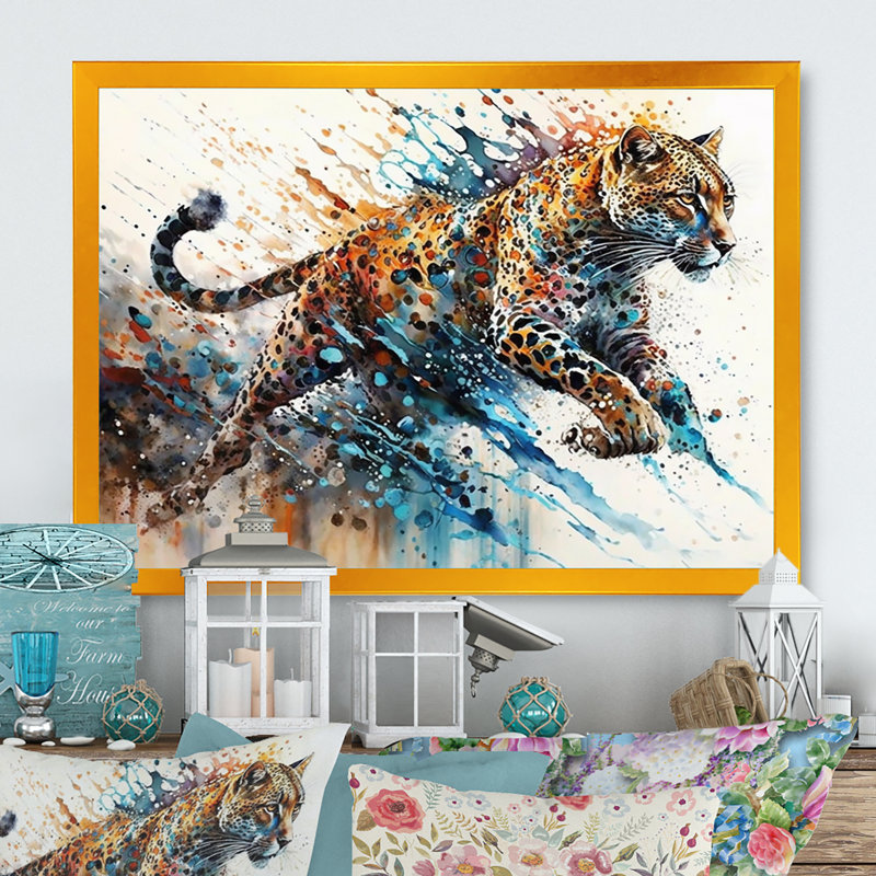 Guépard - art mural guépard, Cadre doré simple, H 16 po x l 32 po x P 1 po