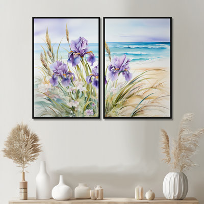 Iris mauves sur la plage II - Reproduction d'art traditionnel mauve sur toile