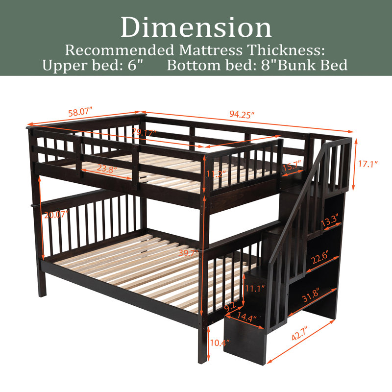 Lit superposé en escalier avec rangement et garde-corps pour chambre à coucher, Espresso