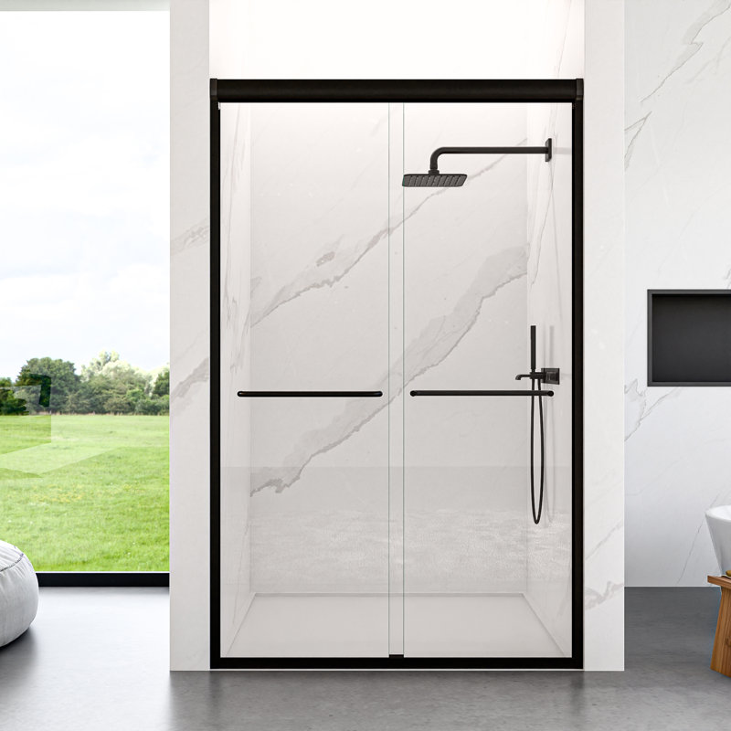 44-48" W x 72" H Semi-Frameless Double Sliding SGCC Tempered Glass Shower Door, Matte Black