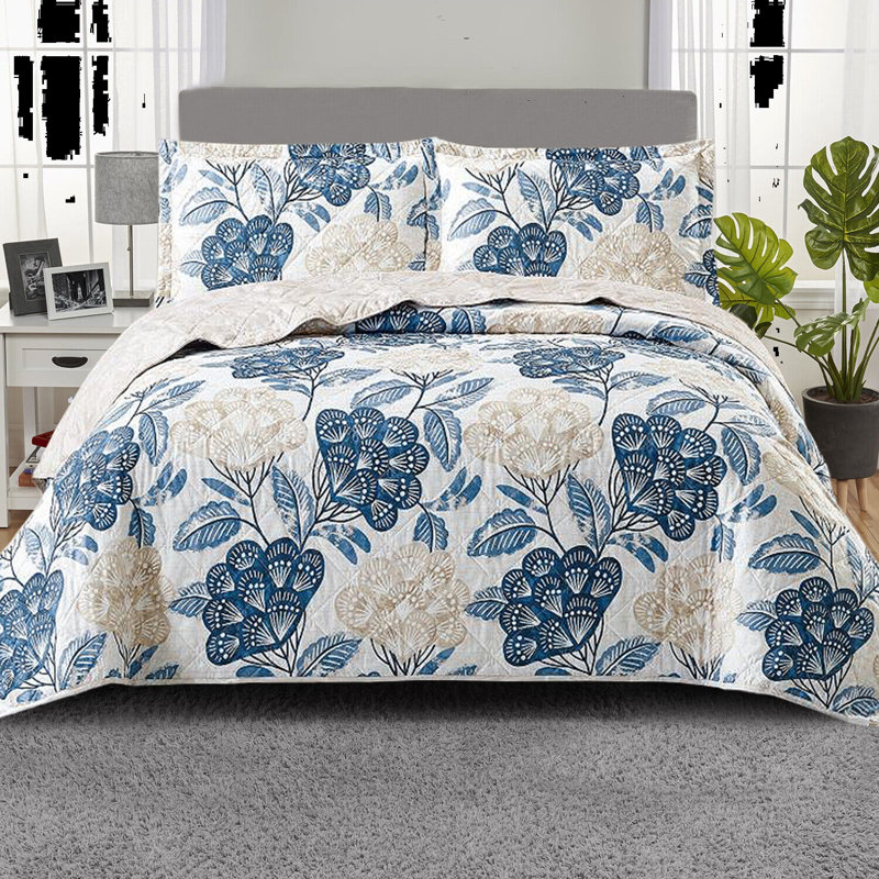 Amala Polyester Floral Bedspread with Pillowcases, Single, Blue