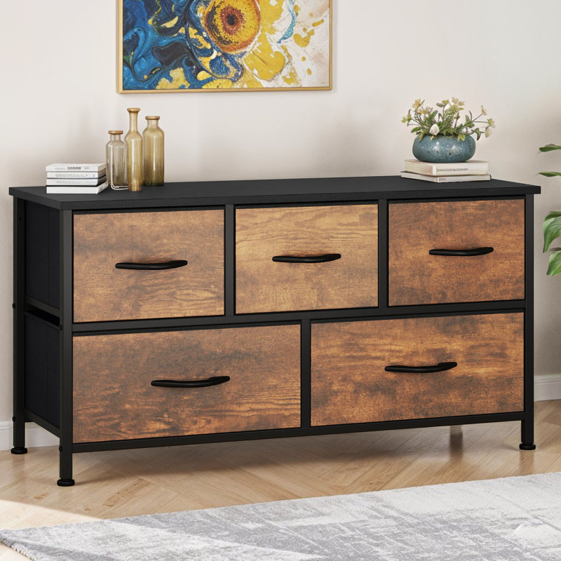 Kathiria 39.4"W 5 Drawer Small Dresser, Brown Wood