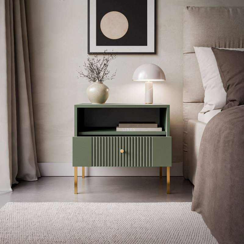 54 cm W Bedside Table, smoke green + gold legs
