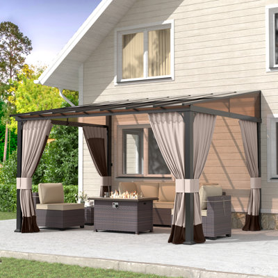 Modern Outdoor Slant-Top Hardtop Gazebo With Black Metal Frame And Curtains