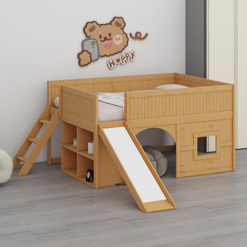 Lit mezzanine bas en bois avec tablettes de rangement et glissade, Naturel