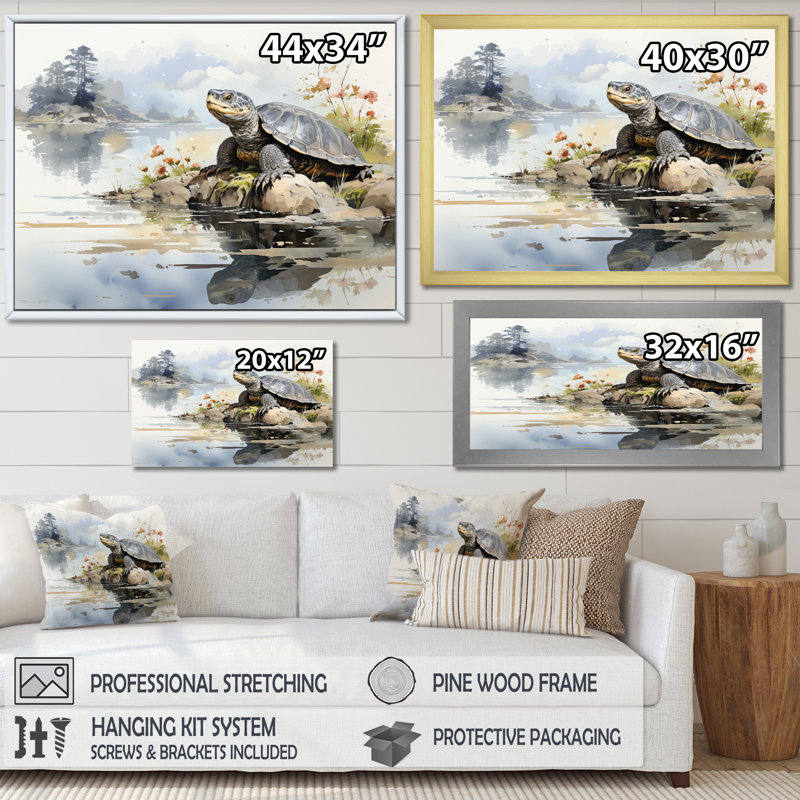 Art asiatique, tortue Sumi I - impression, H 16 po x l 32 po x P 1 po, Cadre flottant doré
