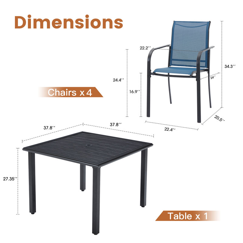 4-Person Patio Dining Set with Square Metal Dining Table and 4 Stackable PVC-coated polyester Dining Chairs, Blue/Black