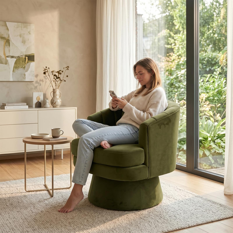 Fauteuil d'appoint pivotant en tonneau avec rembourrage moelleux et coussin lombaire à 360 °, Green Velvet