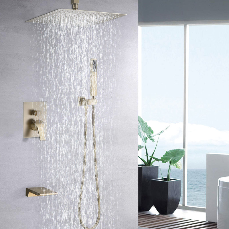 10Inch Shower System, Rain Faucet Amalgamating, Brushed Gold Stainless Steel, Balanced, 3 Exchanging, , Wall Mounted Fusing Bundle, Altering,