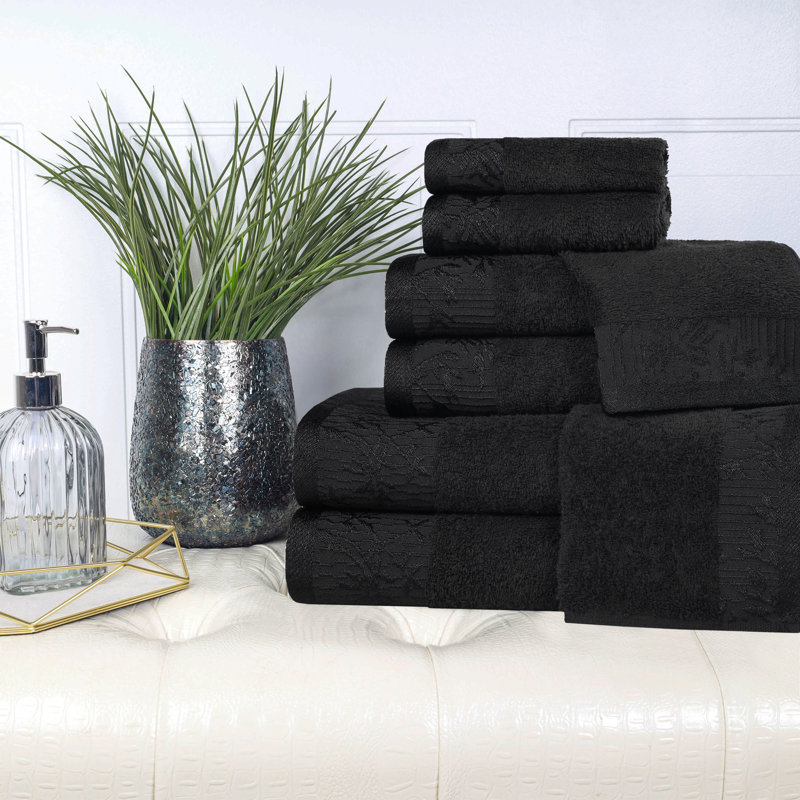 Ensemble de serviettes de bain en coton de poids moyen à bordure florale en jacquard pour la salle de bain Carinna