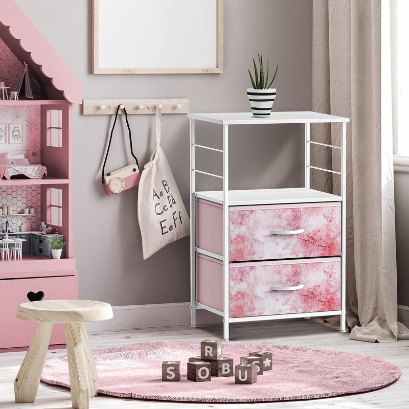 Table de chevet 2 tiroirs et tablettes Sorbus avec structure en acier, plateau en bois et bacs en tissu - Teinture par teinture rose
