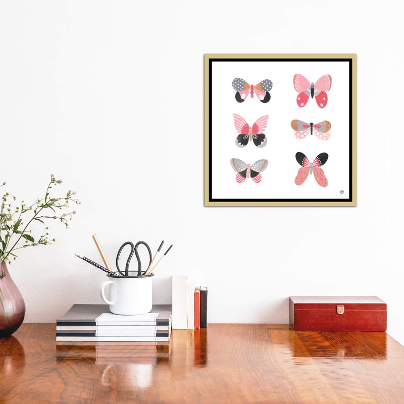 6 papillons art, Toile encadrée d'or, H 18 po x l 18 po x P 1,5 po
