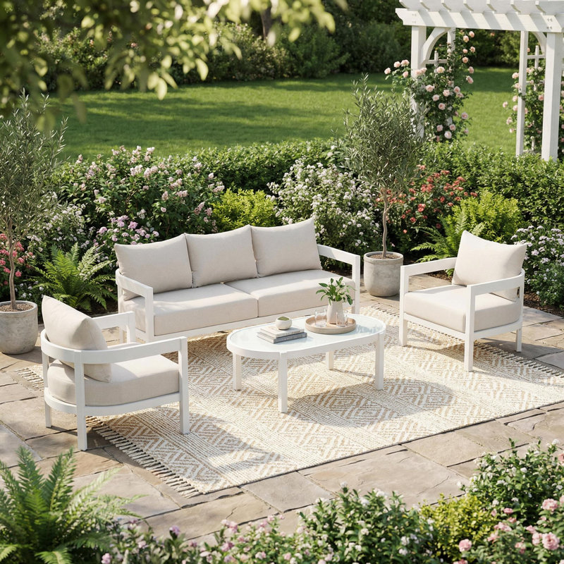 Contour Outdoor 4-Piece Aluminum Conversation Set With Tempered Glass Top & Cushions,  4 Pcs: Table, Sofa, 2 Chairs