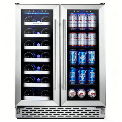 24 Inch Dual Zone Wine And Drink Fridge, Freestanding & Built-in Wine Cooler With Dual Glass Doors, 20 Bottle & 78 Can Capacity, Led Interior Lighting, Ideal For Kitchen, Bar, Office & Bedroom