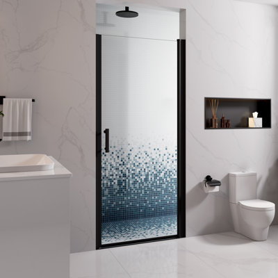 ANGELES HOME 34 in. W x 72 in. H Pivot Frameless Shower Door in Matte Black with Pattern Glass