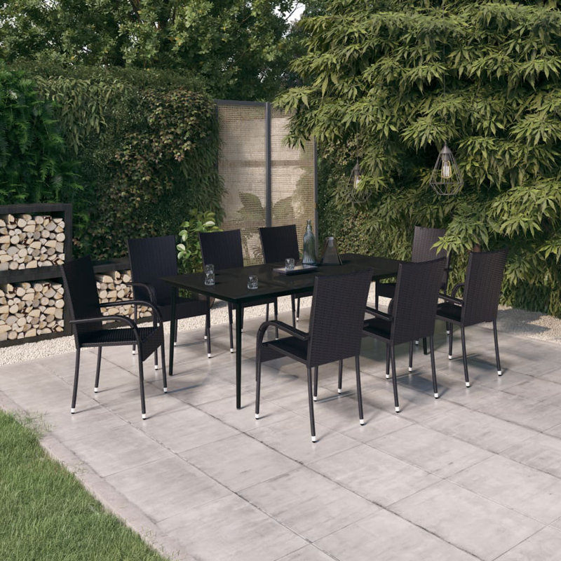 8 - Person Wicker Patio Dining Set with Rectangular Table, Black