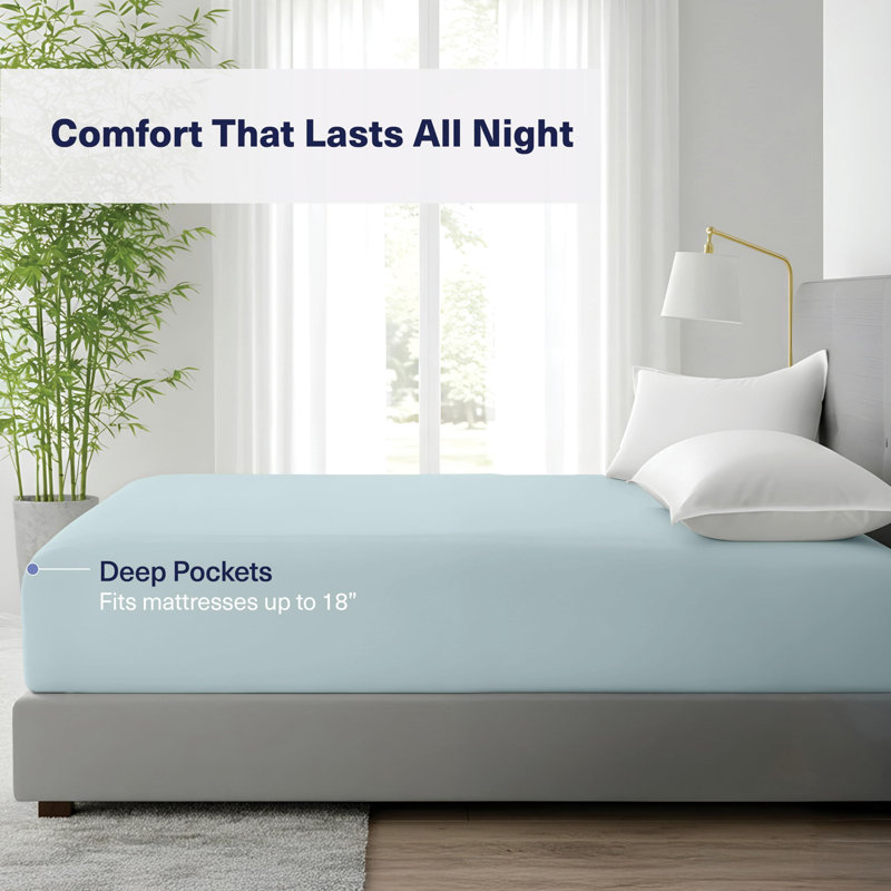 100% Viscose from Bamboo Fitted Sheet Only, 300 Thread Count, Extra Deep Pocket, Elastic with 4 Corner Straps, Cooling & Breathable, Bedding Sheets for Hot Sleepers - Gift-Ready Packaging (Coastal Blue)