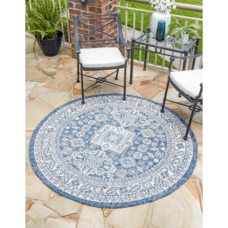 Outdoor Chand Rug Ivory-Blue Color, Round 5'3"