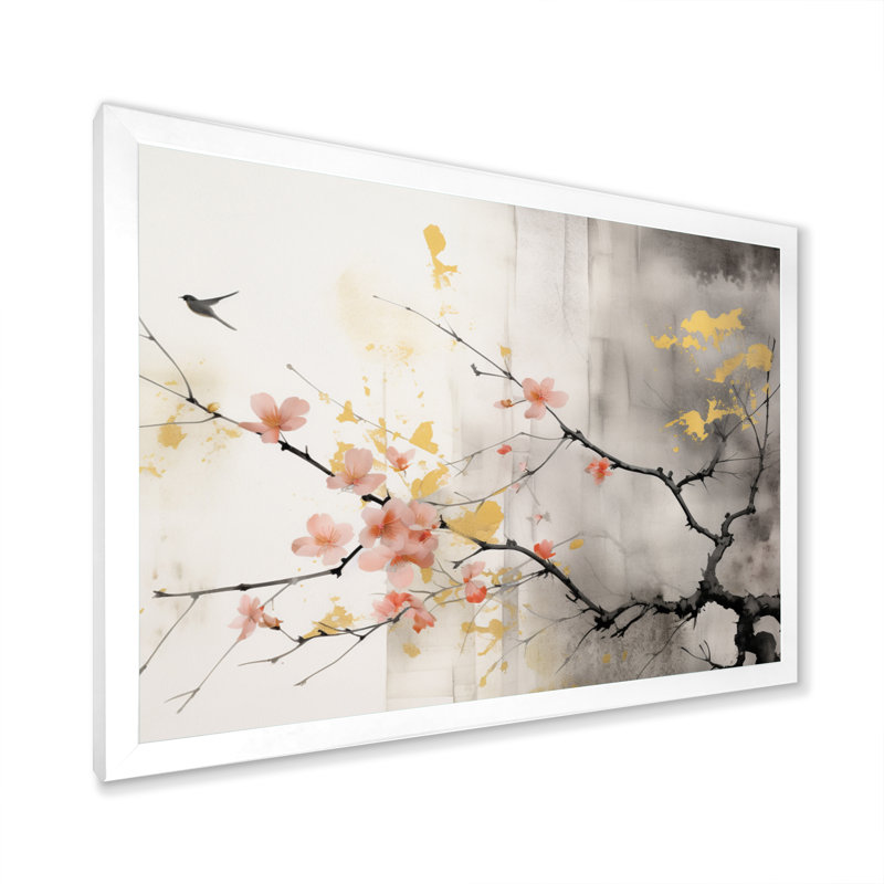 Art asiatique Sumi Blossom I - art mural asiatique, H 12 po x l 20 po x P 1 po, Cadre simple blanc