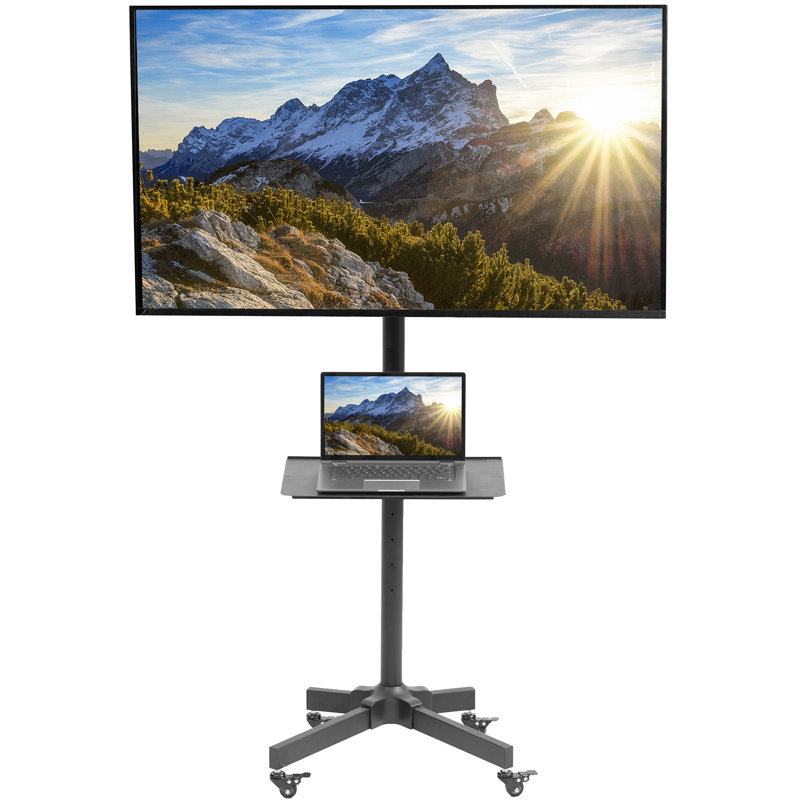 Black Adjustable Mobile TV Cart with Shelf and Wheels