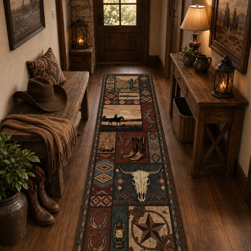 Tapis vintage lavable à la machine avec ranch rustique du Sud-Ouest, Runner 2'x6'