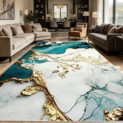 1PC teal and gold marble fluid abstract area rugs for Living Room, Soft and Comfortable, Suitable for all seasons, easy-to-maintain, machine washable Indoor floor mat, Under Table Farmhouse suitable for bedroom, dining room, entryway, home office,