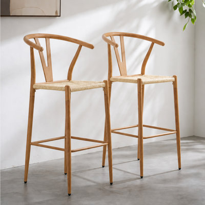 Chaises de bar Mid-Century modernes à dossier en Y avec sièges en corde tissée à la main, ensemble de 2