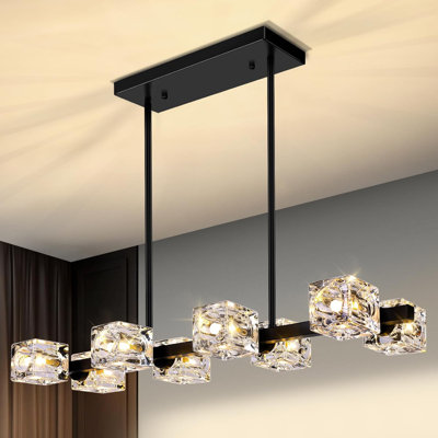 Lustre en cristal moderne avec abat-jour en forme de cube - luminaire suspendu 8 lumières de style campagnard pour salle à manger, îlot de cuisine, salon, chambre à coucher