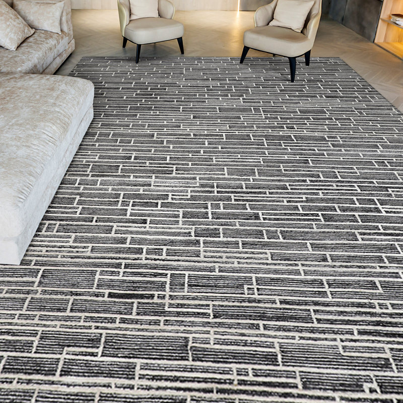 Geometric Area Rug in Ivory/Black, Rectangle 10' x 14'