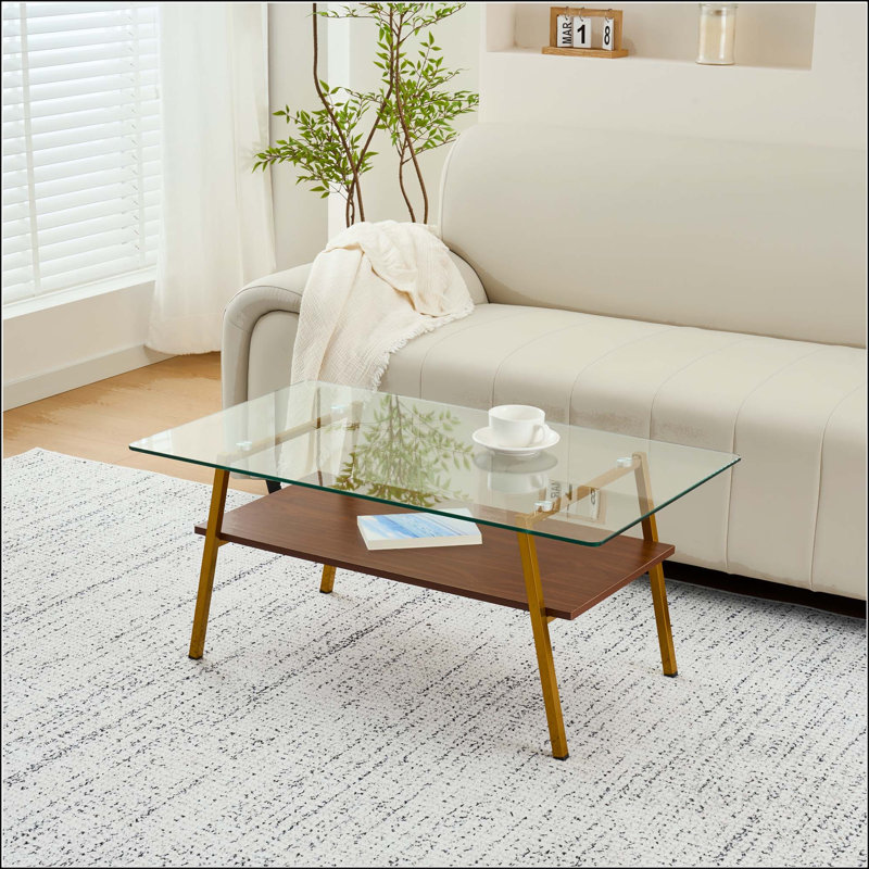 Table basse rectangulaire avec plateau en verre trempé et pieds en métal doré, verre transparent, Transparent / doré