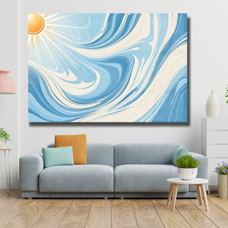 Abstrait art mural en verre trempé soleil bleu et blanc, H 20 po x l 30 po