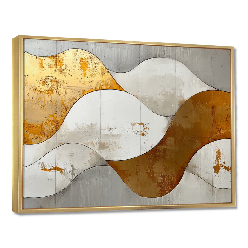 Abstrait bosquet d'introspection en or et blanc III - art abstrait de vagues modernes, 12" H x 20" W, Cadre flottant, Doré