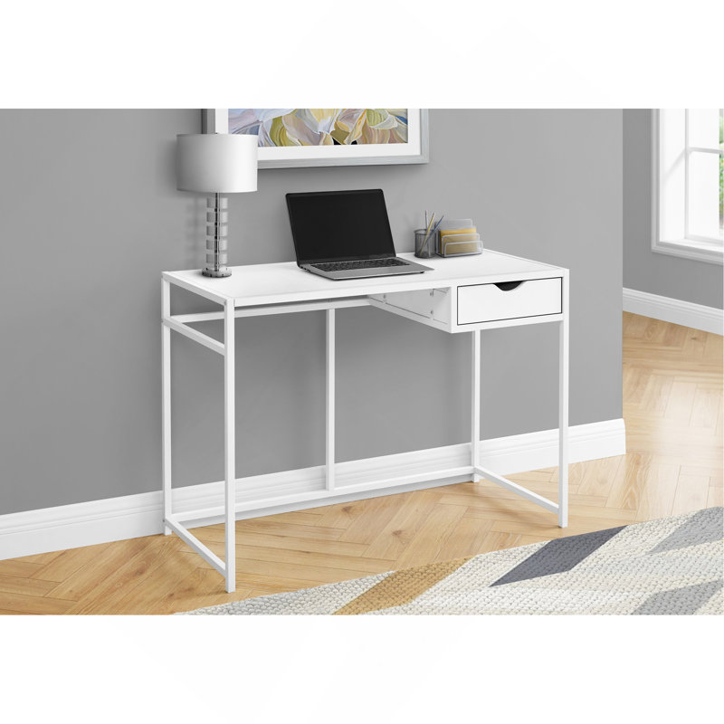 Bureau d'ordinateur, bureau personnel, ordinateur portable, tiroir de rangement, L 42 po, travail, stratifié blanc, métal blanc, contemporain, moderne