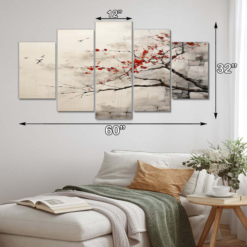  «Red Leafs Tree Whispers Of Grey I - Décoration murale florale - 5 panneaux