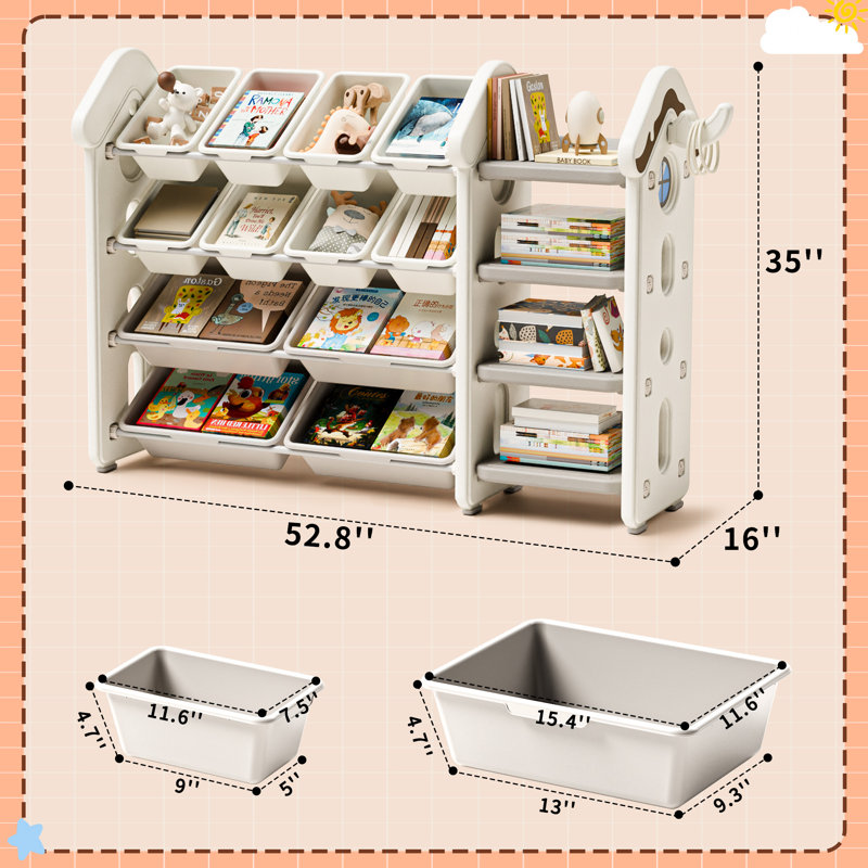 Kids Toy Storage Organizer With 12 Removable Bins, Toy Organizers And Storage With 4-tier Bookshelf For Kids Toy Storage Organizer