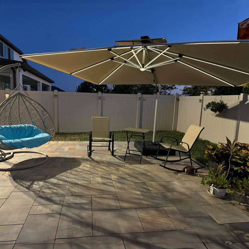 Cheverly 12' x 9' Rectangular Lighted Cantilever Umbrella With Base, Beige