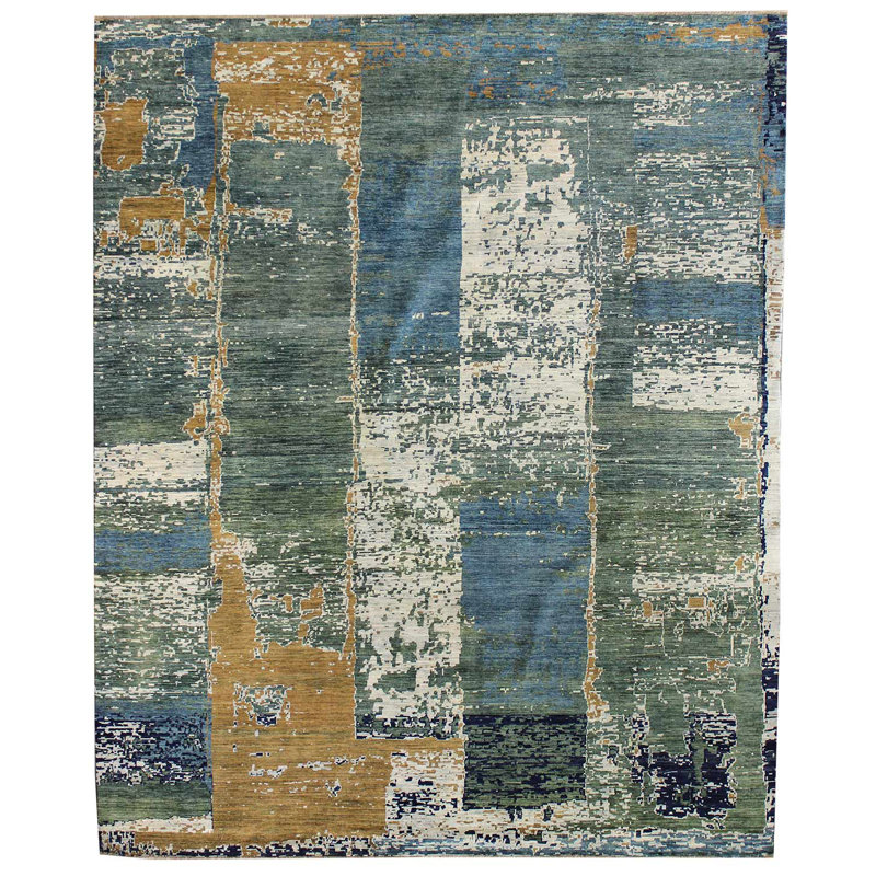 Patinated Look One-of-a-Kind 8'11" X 11'3" New Age Wool Area Rug in Dark Green