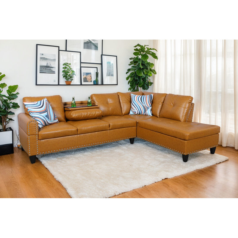 Naranja 2 - Piece 97" Vegan Leather Sectional With Drop down Table and Cupholders, Right Hand Facing, Orange Faux Leather