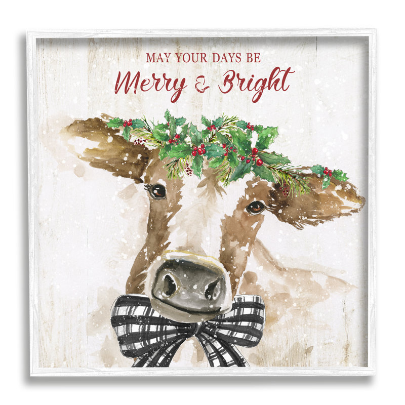 «Merry & Bright Holiday Bétail encadré sur bois» par Nan, impression, H 17 po x l 17 po, Giclée encadrée blanc bord de mer