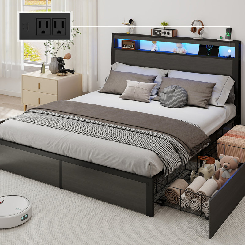 Bed Frame with 4 Storage Drawers and 2-tier Solid Wood Headboard Storage With Charging Station and LED Lights, Noise Free