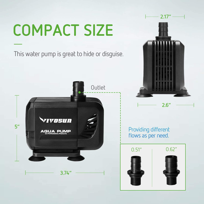 Pompe à eau submersible 400GPH ultra silencieuse (1500L / H, 15W) avec levage de 5,3 pi, cordon d'alimentation de 5 pi et 2 buses