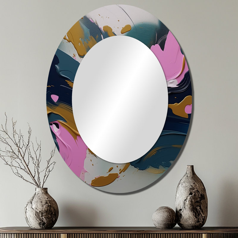 «Brushstroke», peinture abstraite II - décor de miroir mural ovale rose, 40 po x 30 po
