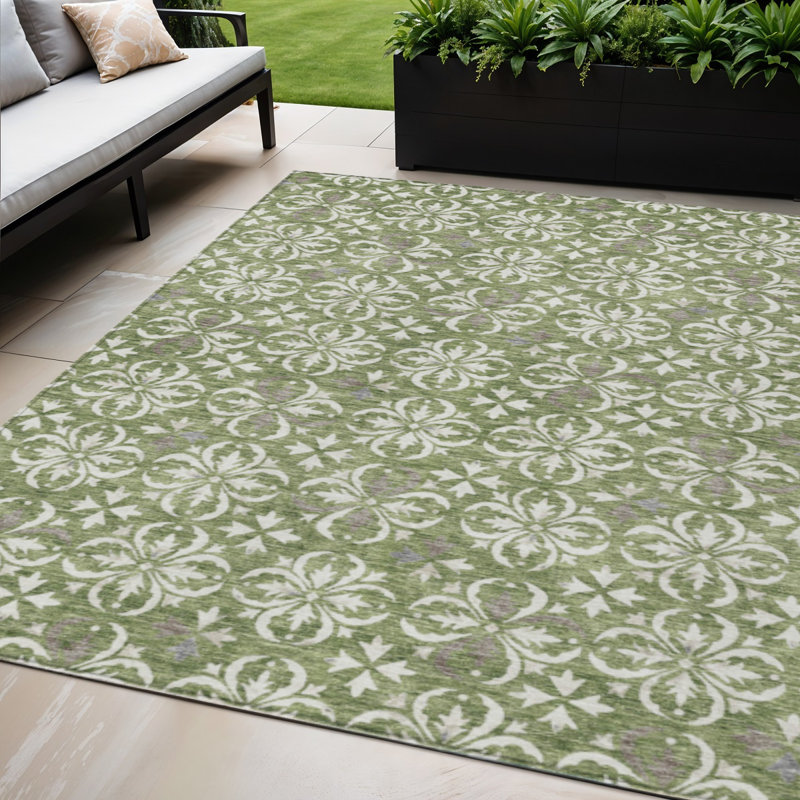 Tapis extérieur lavable floral 5 pi x 8 pi vert et gris ivoire